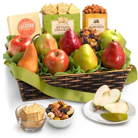 Classic Fresh Fruit and Gourmet Basket with Crackers, Cheese, and Nuts – Perfect for Christmas, birthdays, or corporate gifting.