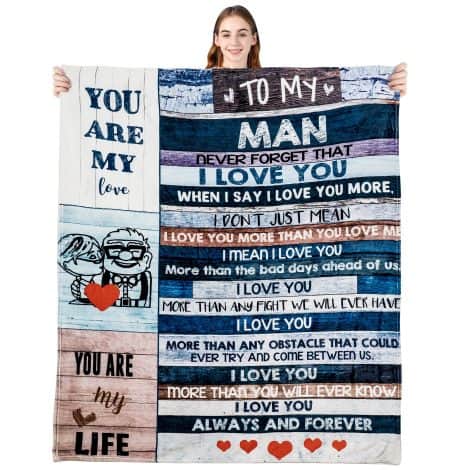 Anniversary, Father’s Day, or birthday gift for your husband, boyfriend, or dad: “My Life” Wedding, Christmas blankets for your man. Comfy fleece for bedding or sofa.