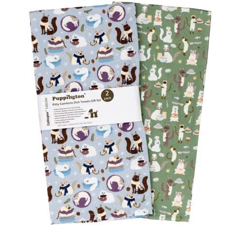 Cozy Cooks Kitty Comforts: A cat-themed kitchen towel set perfect for cat lovers and gift-giving.