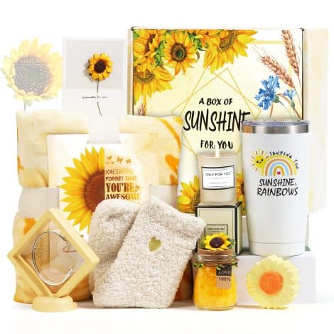 Christmas Sunflower Gift Bundle: 9 unique gifts for women, including an inspirational blanket and candle. Perfect for sisters, moms, and wives.