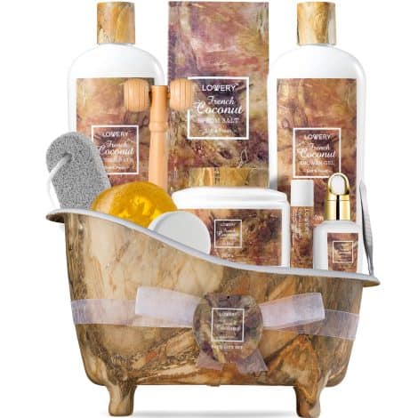 Holiday-themed gift baskets filled with French Coconut goodies to pamper and relax women and men. Perfect spa-care package.