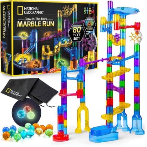 Exclusive on Amazon: National Geographic Glow Marble Run – STEM Building Toy with 15 Glow-in-the-Dark Glass Marbles. Perfect for boys and girls.