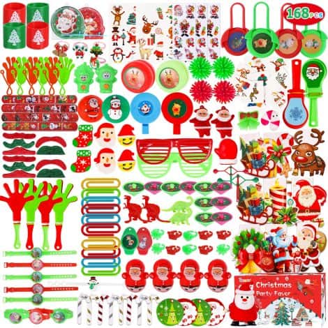 “Get a bundle of 168 festive Christmas party toys for kids’ birthdays, classrooms, and game prizes.”