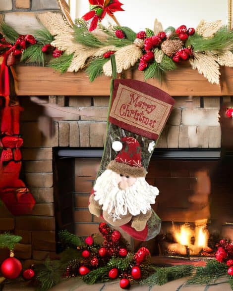 Large Christmas stockings with Santa Claus ornaments, personalized gift bag for kids and adults, perfect for Christmas tree decorations.