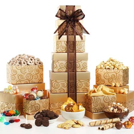 Broadway Basketeers Deluxe Snack Tower: A tasty assortment of gourmet treats, perfect for gifting during holidays and special occasions.