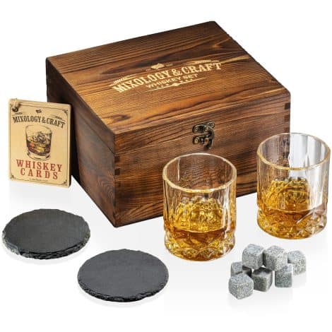 Whiskey Essentials Set: Includes 2 whiskey glasses, 8 chilling rocks, 2 coasters, cocktail cards, in a rustic crate.