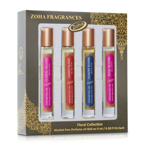 Zoha Perfume Gift Set: Floral Collection with 4 Roll Ons, Alcohol Free, Long Lasting Vegan Fragrances