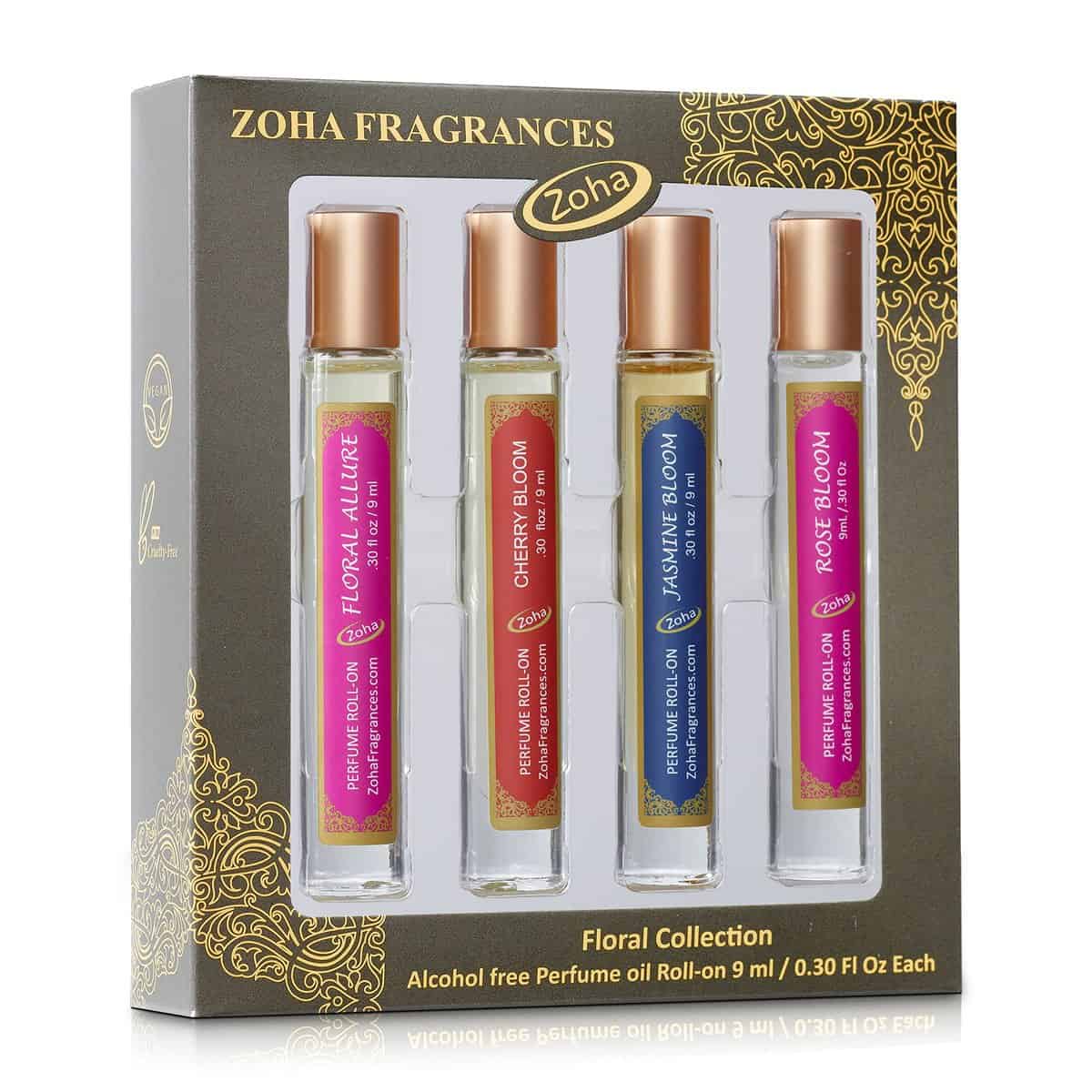 Zoha Perfume Gift Set for Women & Men | Floral Perfumes Collection | Alcohol Free & Essential Oil Based | Long Lasting & Vegan Fragrance Four Roll On 9 ml/0.30 Oz Each