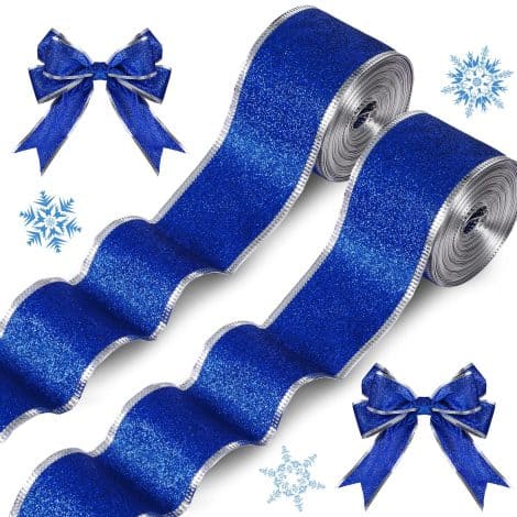 “2 rolls of 20-yard Christmas ribbons, shimmering metallic blue ribbon for DIY party decorations and gift wrapping.”