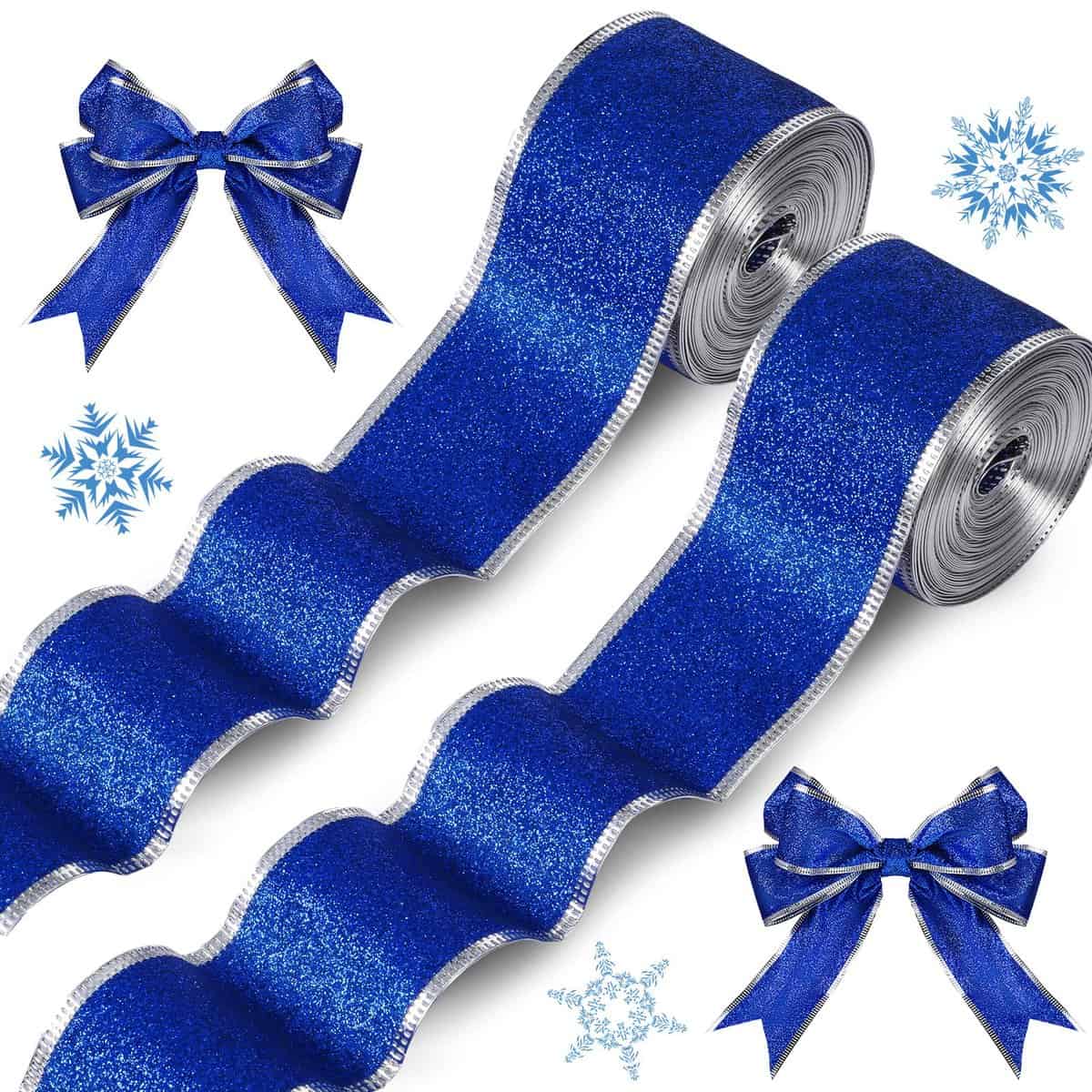 2 Rolls 20 Yards Christmas Wired Ribbons Blue Glitter Ribbon Metallic Wired Ribbon Craft Gift Wrapping Christmas Tree Ribbon for DIY Xmas Party Bows Decorations Supplies (Blue, 2 Inches)