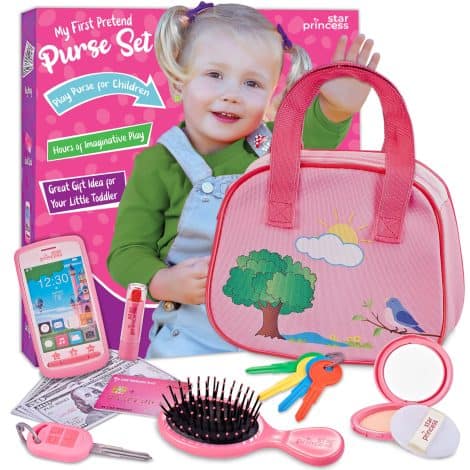 Gift for little girls aged 3-6: Pretend makeup, keys, smartphone in Toddler Play Purse, perfect for dress-up play.