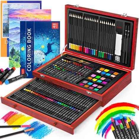 iBayam Art Supplies offers a 150-pack deluxe wooden art set with a coloring book and sketch pads, perfect for all artists.