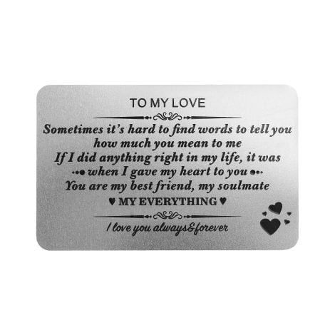 Customized metal wallet card with engraved message for men, ideal for special occasions, from girlfriend or wife.