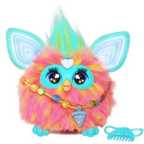 Funky Coral Furby with 15 stylish accessories, interactive plush toy for kids aged 6 and up, responds to voice.