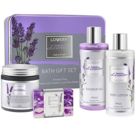 Luxurious and pampering LOVERY Holiday Spa Set with soothing Jasmine Lavender scented bath and body products.