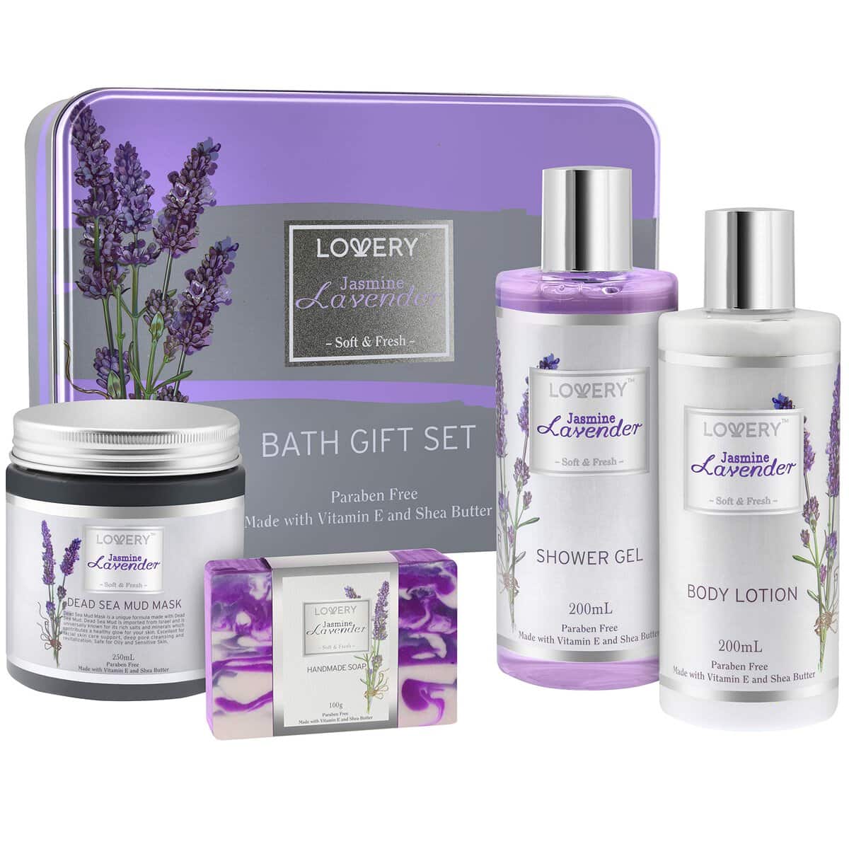 LOVERY Christmas Gifts, Jasmine Lavender Bath and Body Gift Set, Luxury Bath Essentials with Shea Butter - Home Spa Kit - Dead Sea Mud Mask, Shower Gel, Body Lotion & Handmade Soap in an Elegant Tin Box