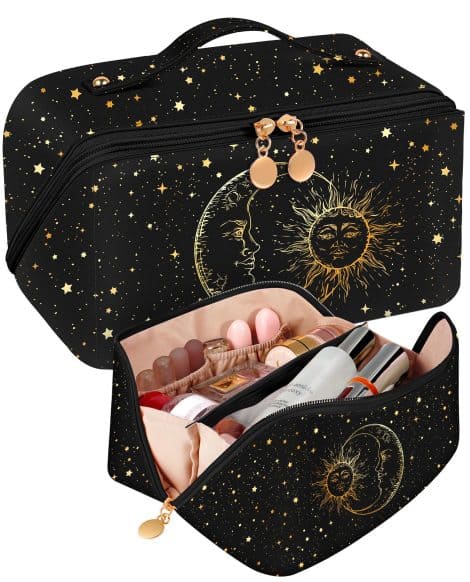 Bistup’s Cosmetic Travel Bag: Spacious, Stylish, and Convenient for Teen Girls, featuring Sun and Moon design.