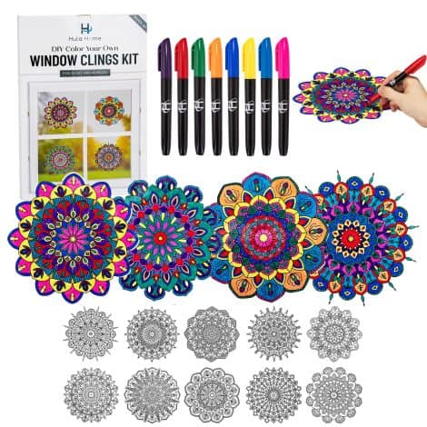 Hula Home DIY Stained Glass Art Kit – Create beautiful window clings with markers, includes 10 suncatchers. Ideal for all ages, perfect gift for beginners, women, and seniors.