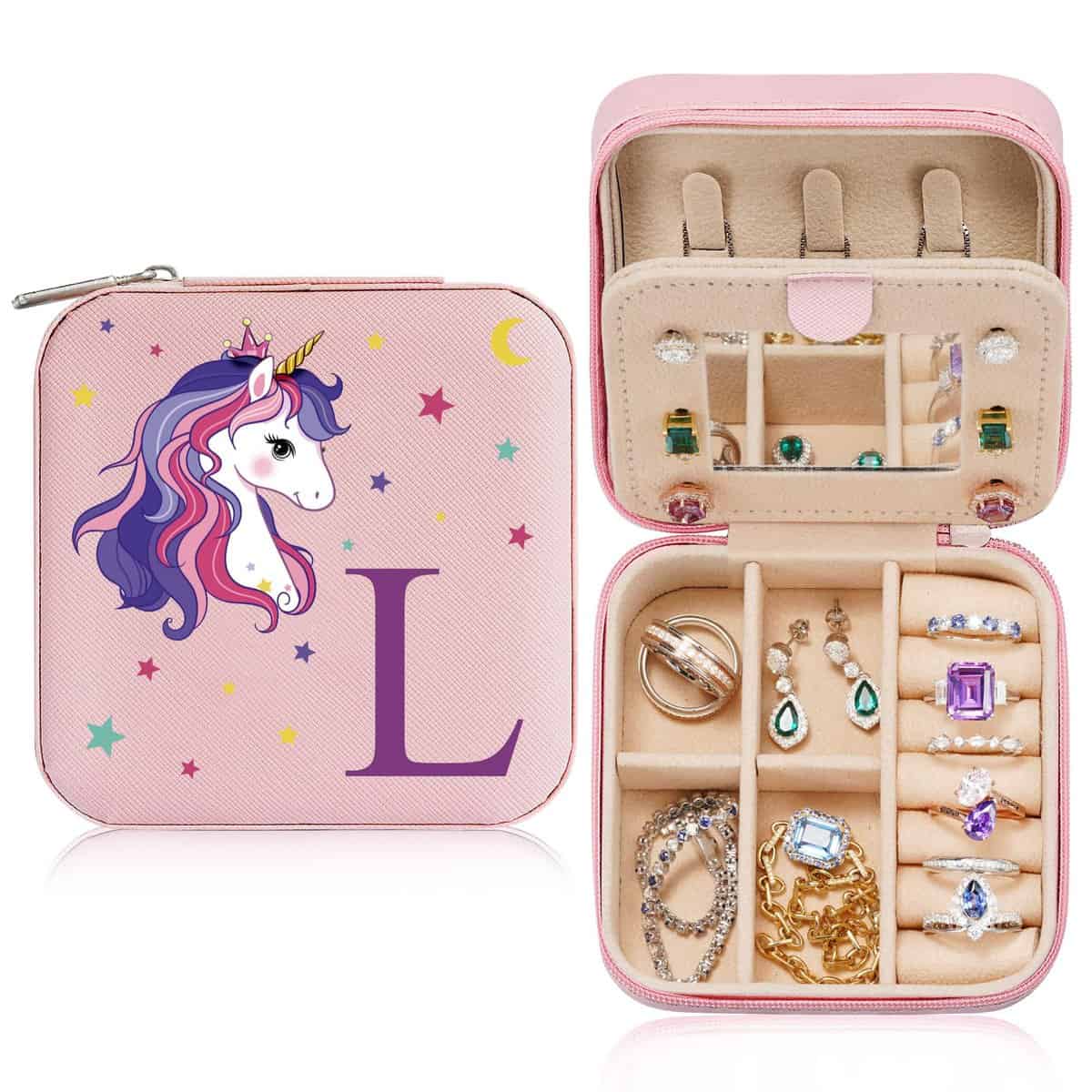 Parima Unicorn Travel Jewelry Box for Girl Women - Small Unicorn Initial Cute Jewelry Case Holder Organizer | Personalized Christmas Birthday Gift | Teenage Teen Girl Gift Idea | Travel Essential | L