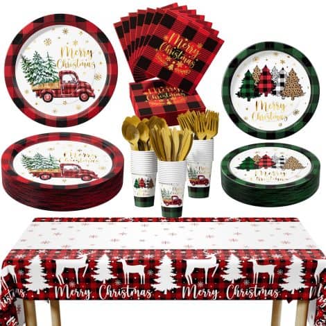 “Complete festive set for 25 guests: 247 pieces of disposable Christmas decor, perfect for your holiday celebration!”