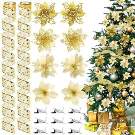 OCTERIC 24 Piece Sparkling Poinsettia Flower Set with Glittered Ribbon for Festive Christmas Tree or Wreath. (Gold)