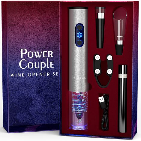 Uncle Viner’s Electric Wine Opener Set: Perfect gift for wine lovers, includes charger, batteries, and corkscrew.