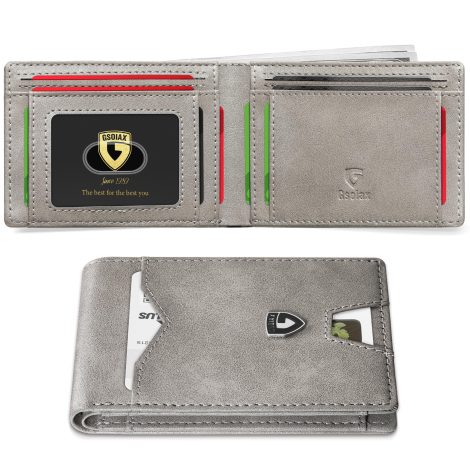 Introducing the Retro Grey GSOIAX Men’s Slim Wallet! It’s a sleek, genuine leather credit card holder with RFID blocking. Comes with a gift box.