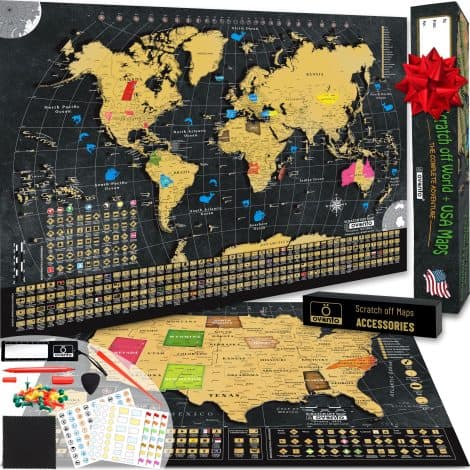 OVANTO Scratch Off World and US Maps – Durable 17×24″ Travel Maps with Pins and Accessories.